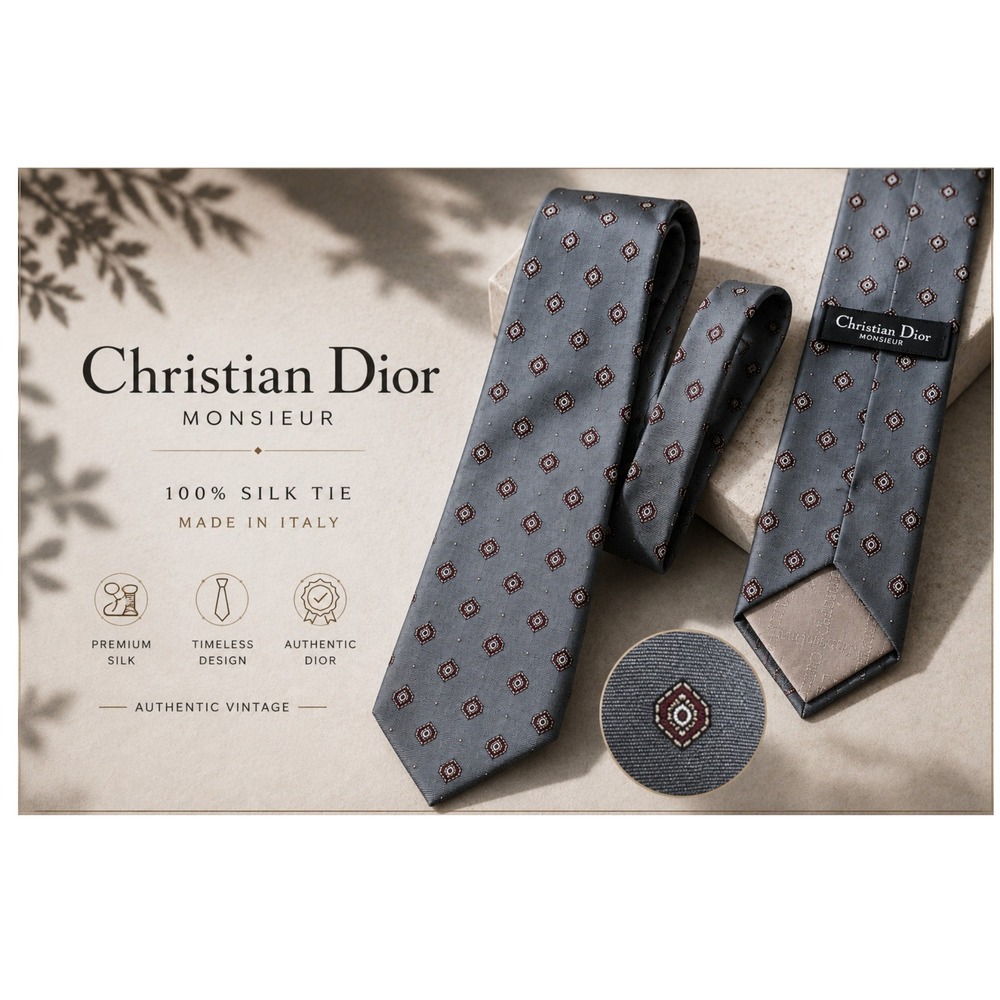 Christian Dior Monsieur Silk Tie Vintage Blue Geometric Medallion USA 59"L 3.5"W